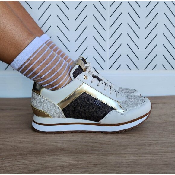 ✨Michael Kors Maddy Mixed Trainer Size 7 Women's Shoes Casual Sneaker Brown Gold - Picture 1 of 10